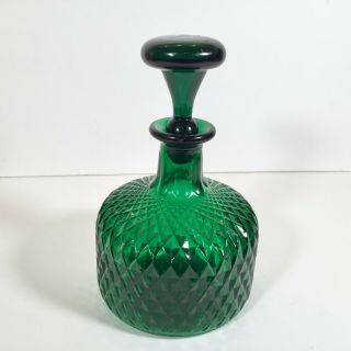 Rare Vintage Mid Century Emerald Green Decanter Diamond Cut Bar Cocktail Glass