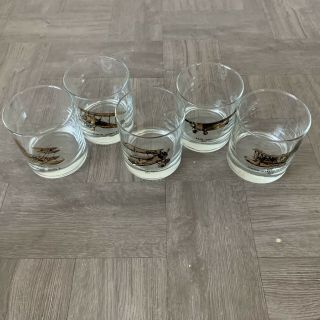 Vintage Mcm High Ball Glasses Set Of 5 Gold History Of Airplanes Planes Pilot