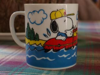 Vintage Peanuts Snoopy Woodstock Ceramic Mug " Whitewater Rafting " Vgc