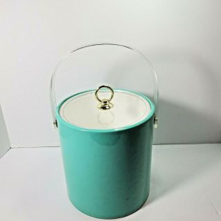 Vintage Cera Teal Ice Bucket Lucite Plastic Handle Gold Knob Lid