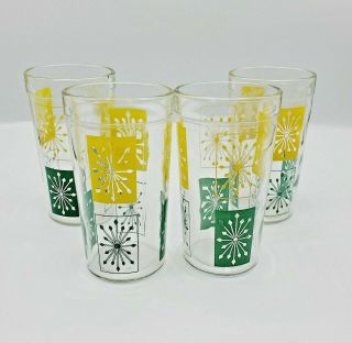 Set Of 4 Vintage Jelly Jar Glasses With Green And Yellow Starburst Mcm Design