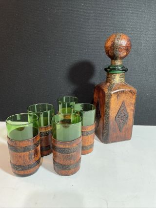 Vintage Italian Leather Wrapped Decanter & 5 Matching Leather Wrapped Glasses