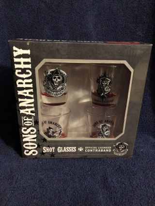 Sons Of Anarchy 4pc Shot Glass Set With Red Bottoms Licensed Contraband 2012 Nib