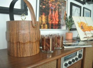 Vintage Midcentury Modern Walnut Ice Bucket With Lid And Gold Handle