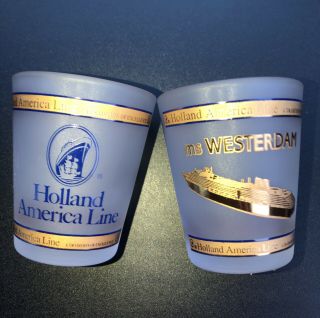 Holland America Line Ms Westerdam (2) Shot Glasses,  Frosted W/ Gold Ship & Trim