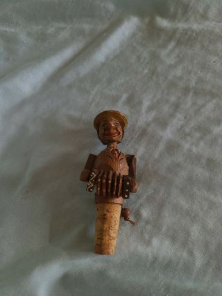 Hand Carved Wood Anri Italy Cork Pull String Wine Bottle Stopper Man Accordion