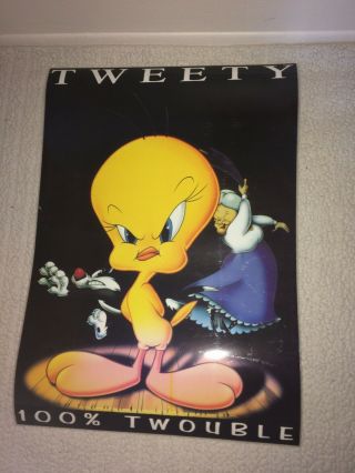 1998 Looney Tunes Tweety Bird & Sylvester 100 Twouble Laminate Poster 24 " X 17 "