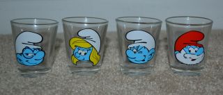 Set Of Four Peyo Smurfs Shot Glasses 2.  5 " Tall