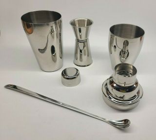 Travel Single Cocktail Shaker Shot Jigger Cup And Spoon International Silver