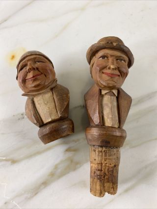 2 Vintage Wood Hand Carved Figural Old Men Wine Bottle Stoppers