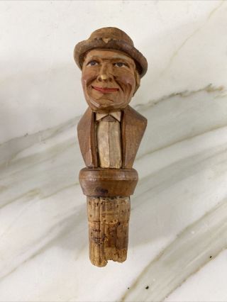2 Vintage Wood Hand Carved Figural Old Men Wine Bottle Stoppers 2