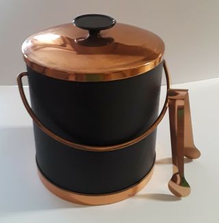 Vintage Coppercraft Guild Black Faux Leather & Copper Ice Bucket With Ice Tongs