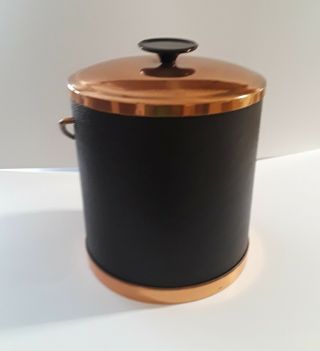 Vintage Coppercraft Guild Black Faux Leather & Copper Ice Bucket with Ice Tongs 2
