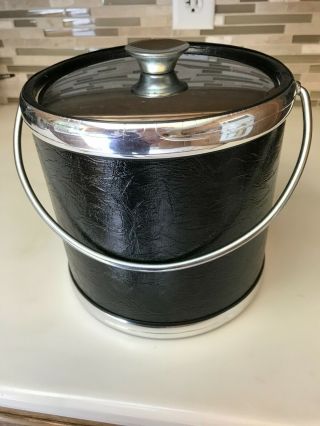 Vintage Kraftware Ice Bucket Faux Black Leather Chrome W/ Chrome Lid