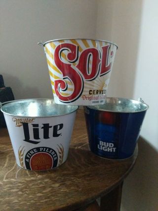 Set Of 3 Miller Lite Bud Light Sol Verveza Beer Buckets Home Bar Mancave