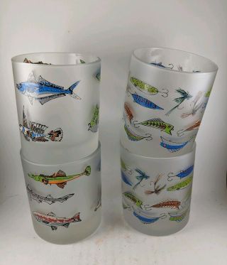 Dartington Designs France 4 Low - Ball Glasses Colored Fishing Lures And Fish
