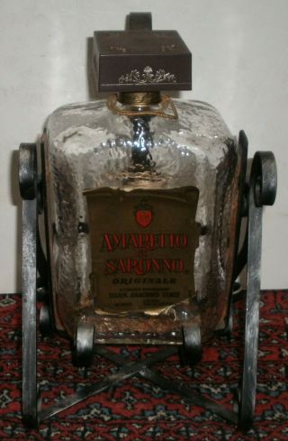 Vintage Amaretto Di Saronno Bottle Liquor Wrought Iron Tilt Pouring Stand 1.  75 L
