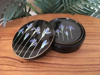 Vintage Otagiri Japan Blue Iris Black Laquer Set Of 6 Drink Coasters With Case