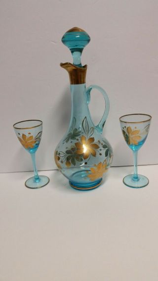 Vintage Clear Blue And Gold Decanter And Two Glasses Set Elegant Entertaining