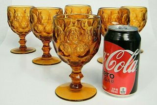 6 Vintage Mcm Indiana 5.  75 " Amber Glass Optic Thumbprint 8oz Wine Water Goblet