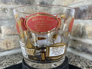 Vtg Mid Century Glass Ice Bucket Red & Gold W/drink Recipes Whiskey Sour Mcm