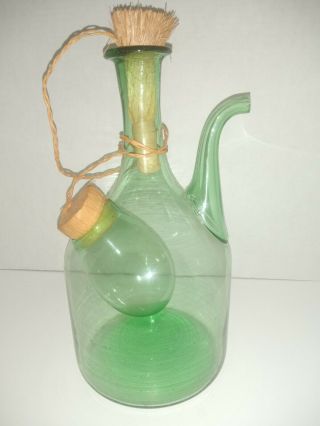 Vintage Italian Hand Blown Green Glass Wine Decanter With Ice Pocket