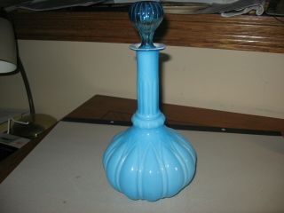 Vintage Blue Cased Glass Large Bulbous Shaped Decanter With Stopper