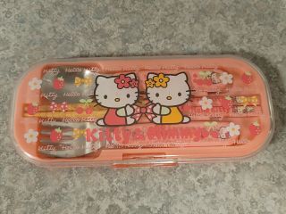 Vintage 2001 Sanrio Hello Kitty Utensil Set Fork Spoon Chopsticks Made in Japan 3