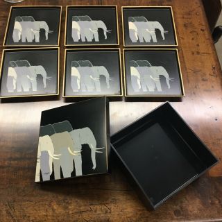 Otagiri Lacquerware Coasters Set Of 6 Grey Black Elephants Vintage