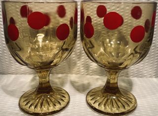 Set Of 2 5 3/4” Vintage Retro Amber Red Polka Dots Goblet Beer Glass Mug
