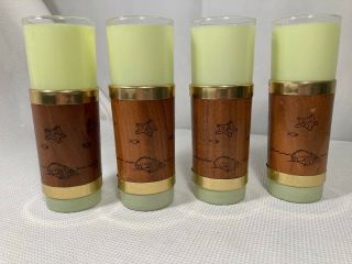 Vintage Set Of 4 Siesta Ware Frosted Green Glasses With Walnut Wood Jackets Mcm