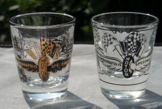 2 Indianapolis Motor Speedway Shot Glasses 1 Oz Race Flags Winged Tire Logo