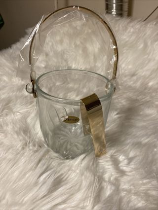 Vint Oneida Glass Ice Bucket With Gold Plated Handle And Ice Tongs
