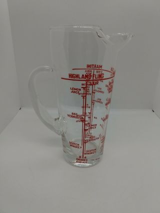 Vintage Mid Century Cocktail Glass Mixing Pitcher W/ 3 Recipes