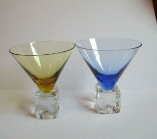 Martini Cocktail Glasses W Ice Cube Base 1 Cobalt Blue & 1 Amber Cool