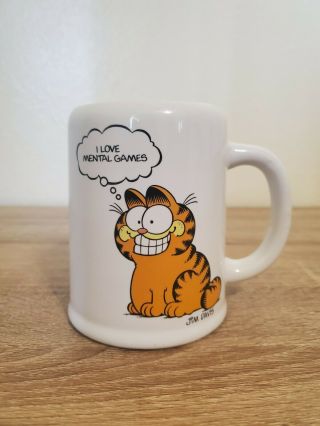 1978 Enesco Garfield Thinking Mug I Love Mental Games Smiling Garfield 4.  75 "