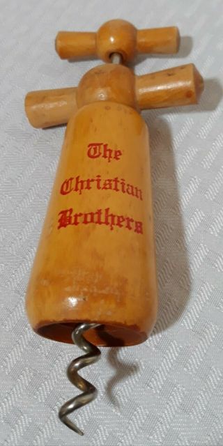 Vtg The Christian Brothers Wood Corkscrew Double Action Wine Bottle Cork Puller