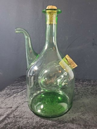 Vintage Hand Blown Green Glass Wine Decanter With Ice Compartment Chamber W/cork