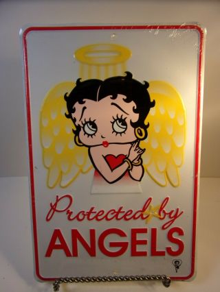 Betty Boop Tin Metal Sign Protected By Angels 2004 Sign In Plastic Wrap