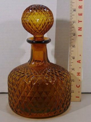 Vintage Amber Diamond Point Glass Liquor Decanter With Glass Stopper Empty