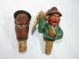2 Vintage Hand Carved Wooden Figure Wine/ Liquor Bottle Cork Stoppers