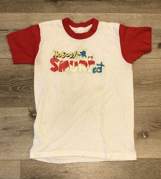 Vintage 1980s Smurf T - Shirt Size Youth Large - Nobody Is Smurfect