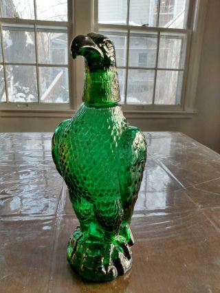 Vintage Eagle Green Glass 11” Liquor Wine Bottle Decanter With Shot Glass Head