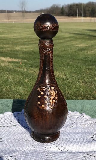 Leather Wrapped Vintage Wine Bottle Decanter With Crest Made In Italy 10 1/2 "
