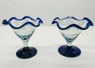 Set Of 2 Mexican Hand Blown Glass Ruffled Cobalt Blue Rim Sherbet Cups