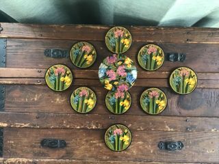Vintage Hand - Painted Lacquer Pink Blue Floral Set Of 9 Coasters W/ Holder Box