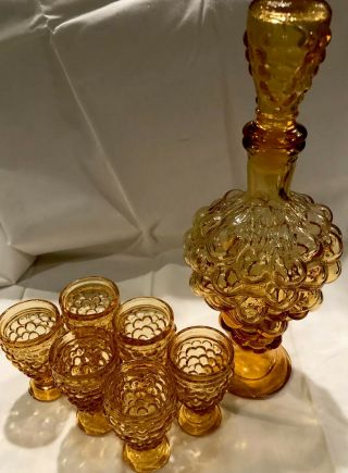 Vintage Amber Glass Grape Shaped Decanter W/stopper & 6 Small Glasses