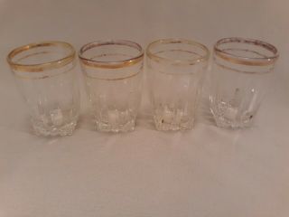 Vintage Federal Glass 4 Shot Glasses Gold Trim PARK AVENUE Pattern 2