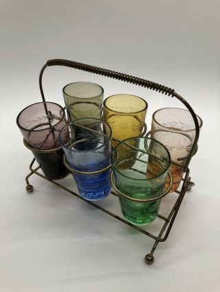 Vintage Set Of Mid Century Modern Shot Glass Multi Color Etched Glass W/ Stand
