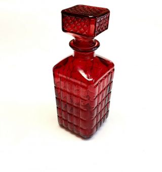 Vintage Red Glass Square Decanter Whiskey Bourbon Scotch